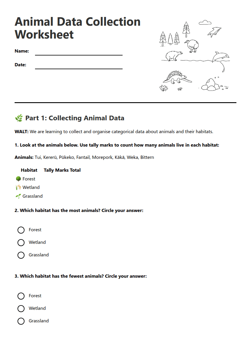 Animal Data Collection Worksheet worksheet preview