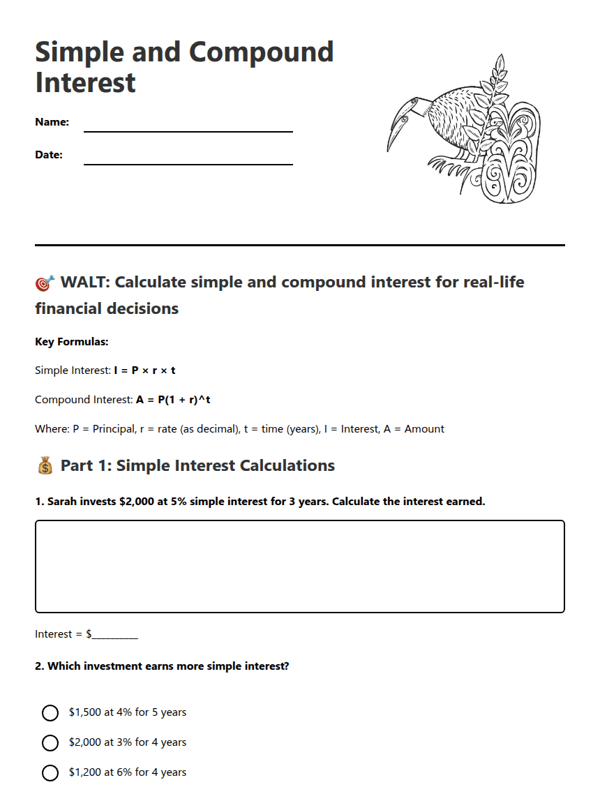 Simple and Compound Interest worksheet preview