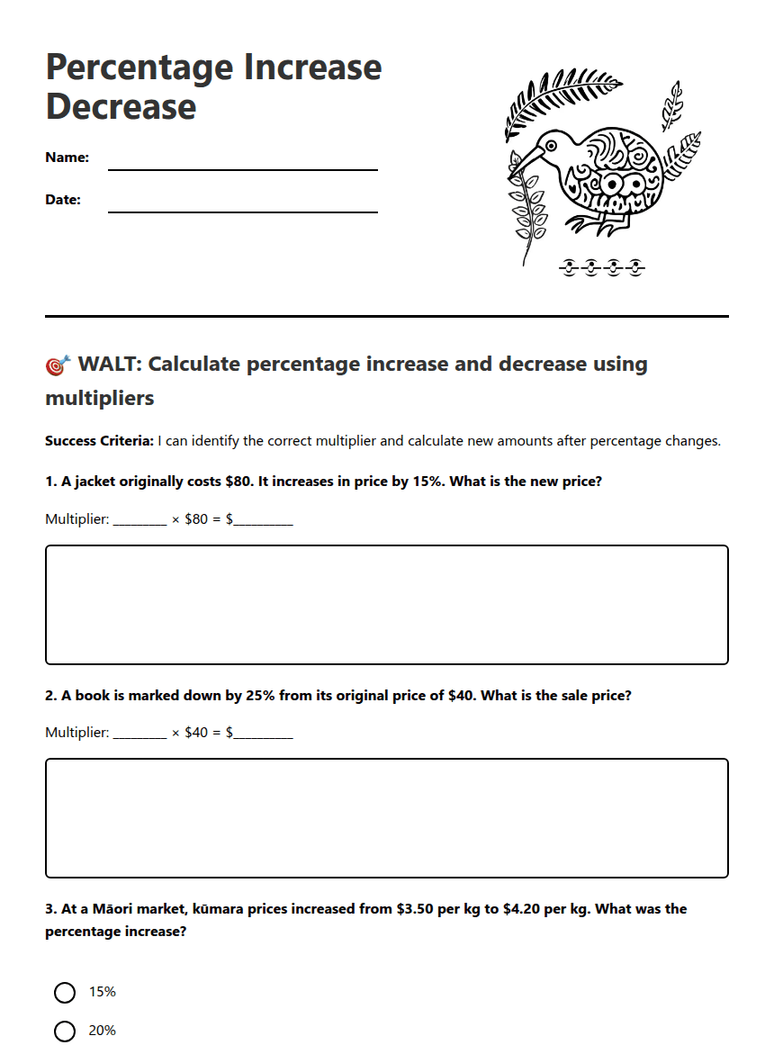 Percentage Increase Decrease worksheet preview