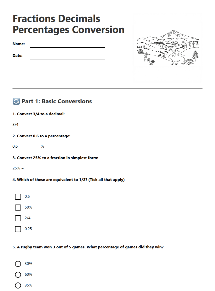 Fractions Decimals Percentages Conversion worksheet preview