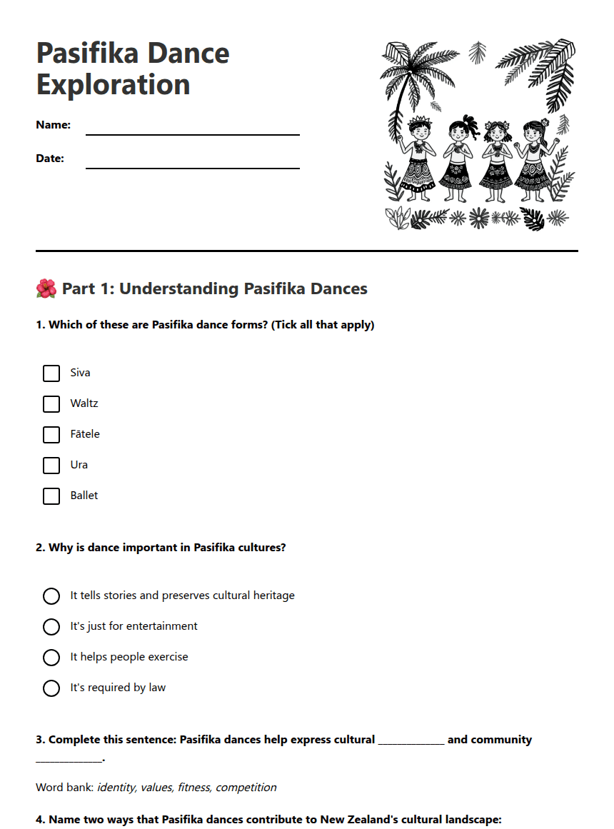 Pasifika Dance Exploration worksheet preview