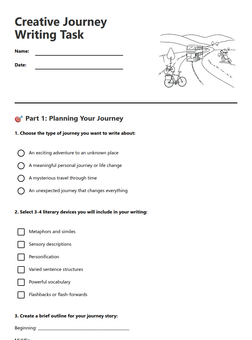 Creative Journey Writing Task worksheet preview