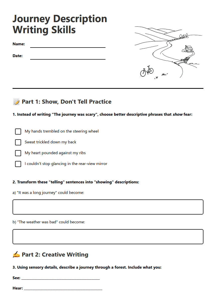 Journey Description Writing Skills worksheet preview