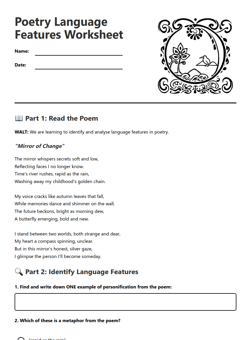 Poetry Language Features Worksheet worksheet preview