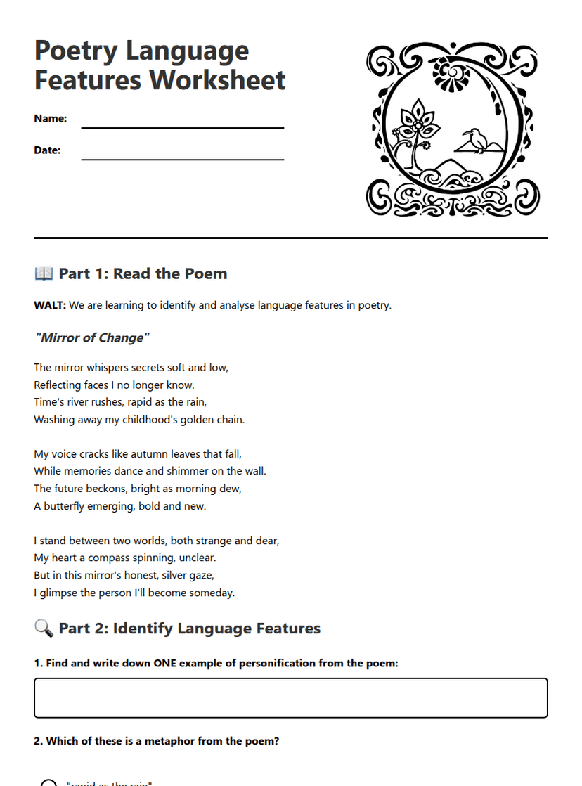 Poetry Language Features Worksheet