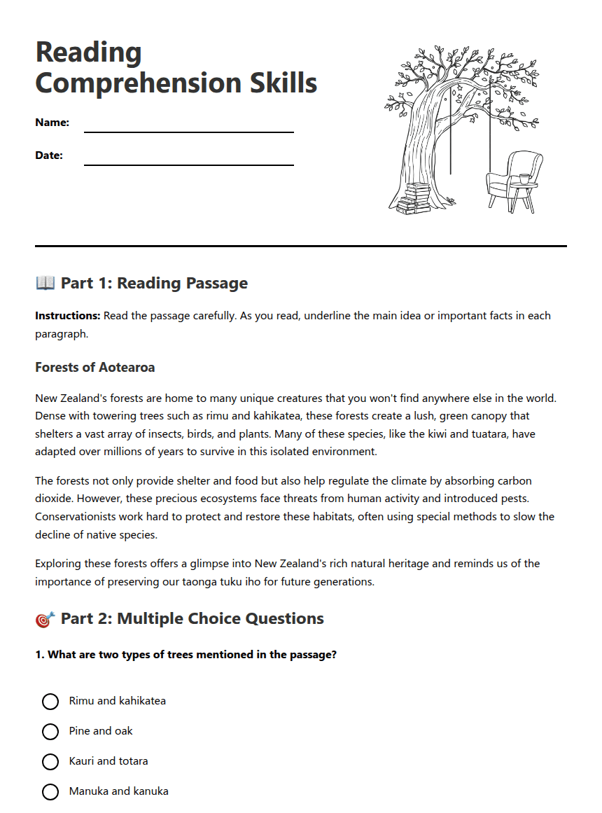 Reading Comprehension Skills worksheet preview