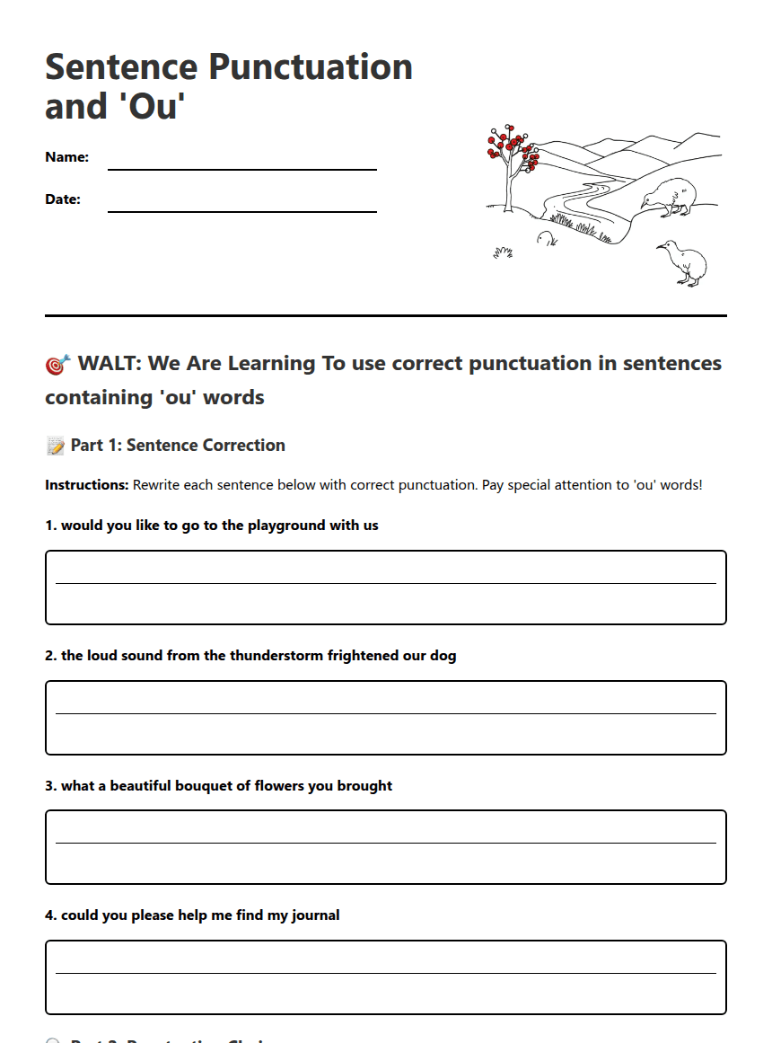 Sentence Punctuation and 'Ou' worksheet preview