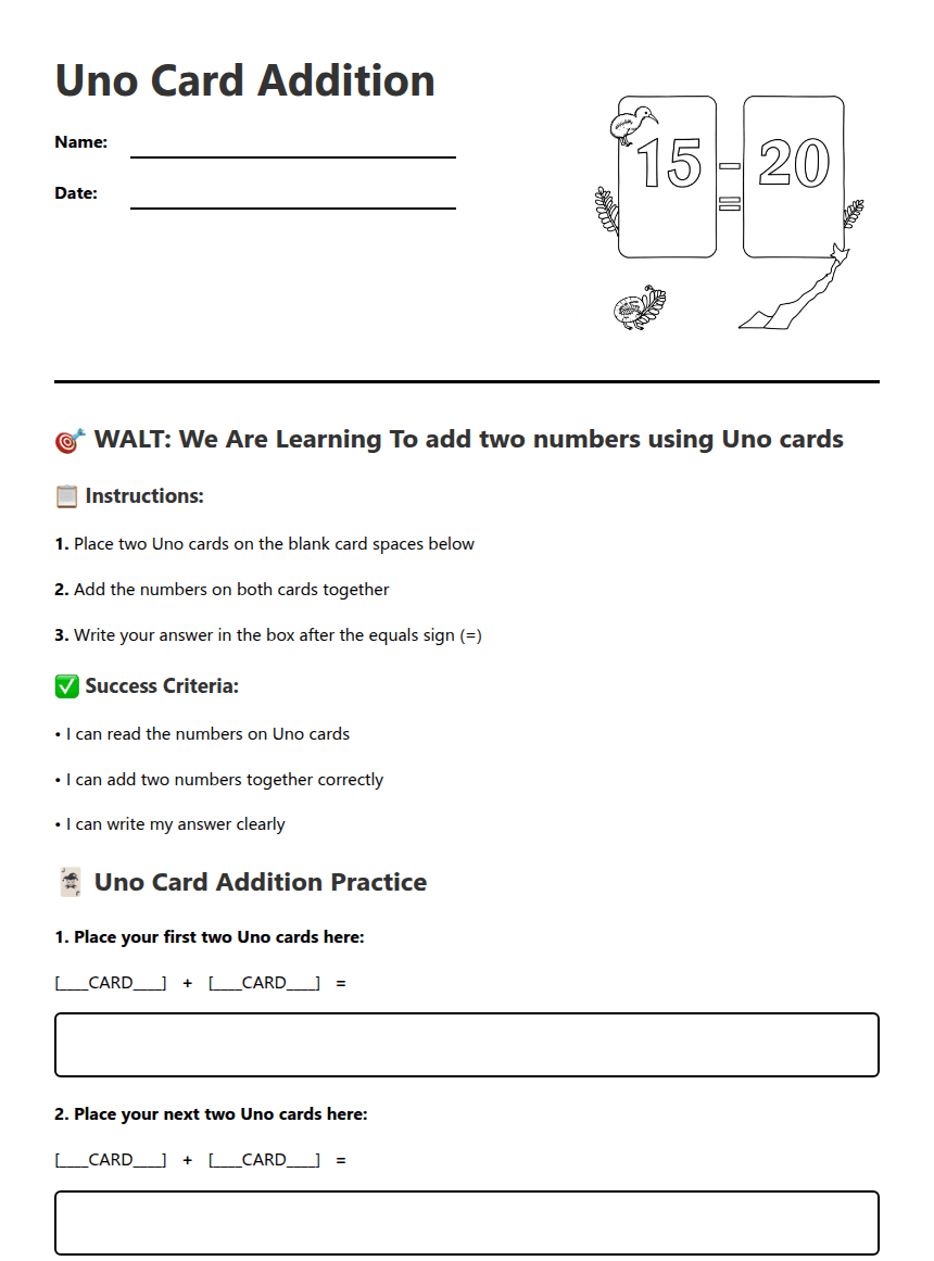 Uno Card Addition worksheet preview