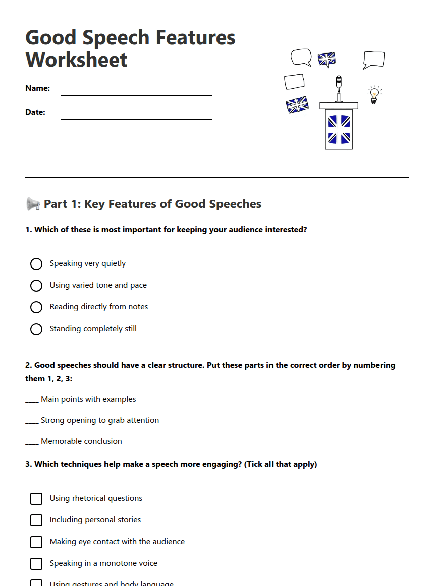 Good Speech Features Worksheet worksheet preview