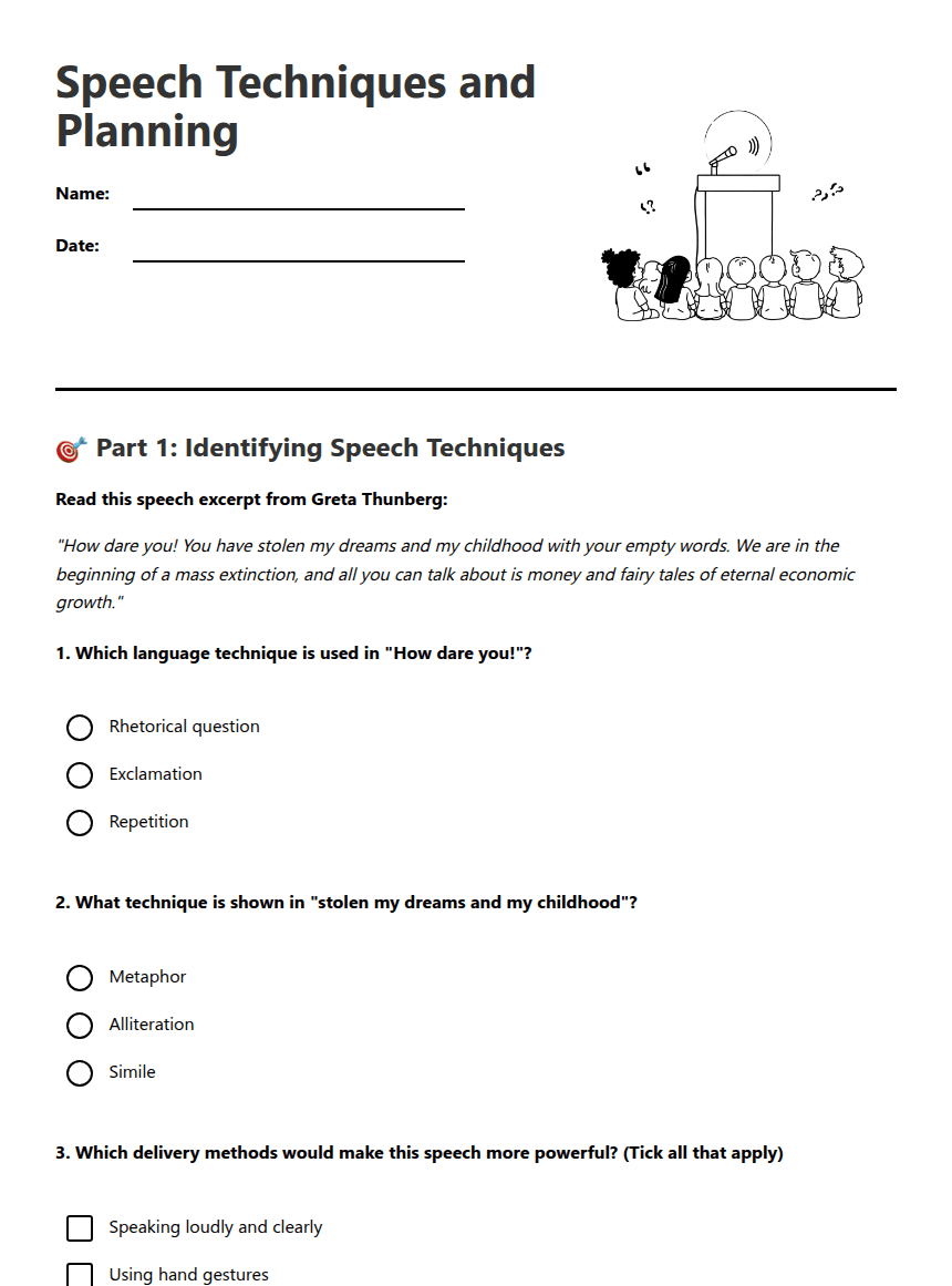 Speech Techniques and Planning worksheet preview