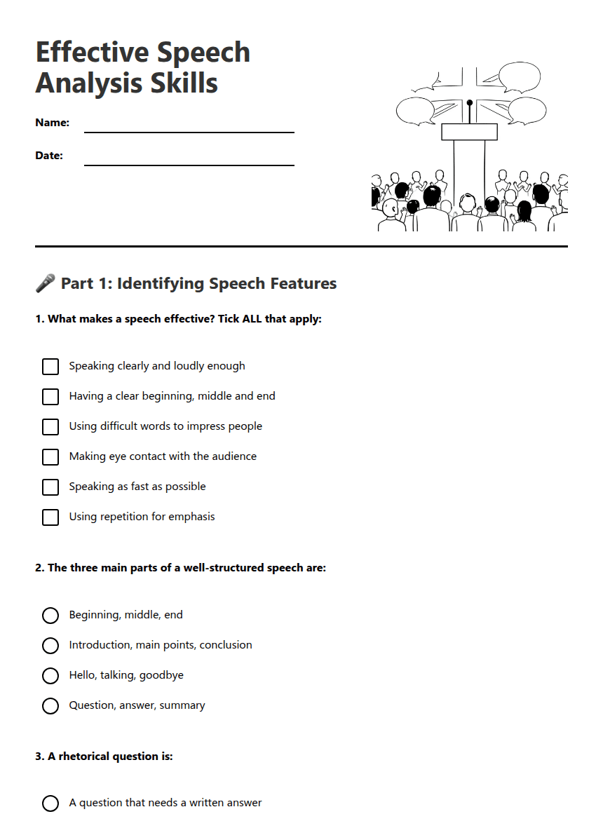 Effective Speech Analysis Skills worksheet preview