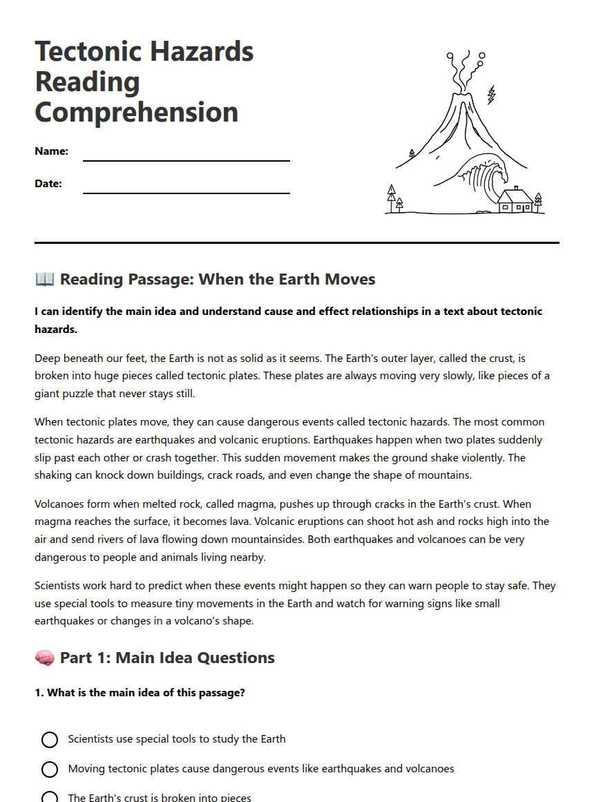Tectonic Hazards Reading Comprehension worksheet preview