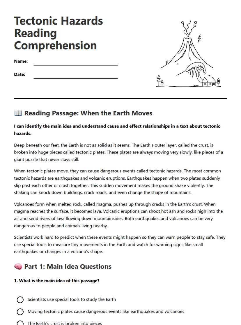 Tectonic Hazards Reading Comprehension