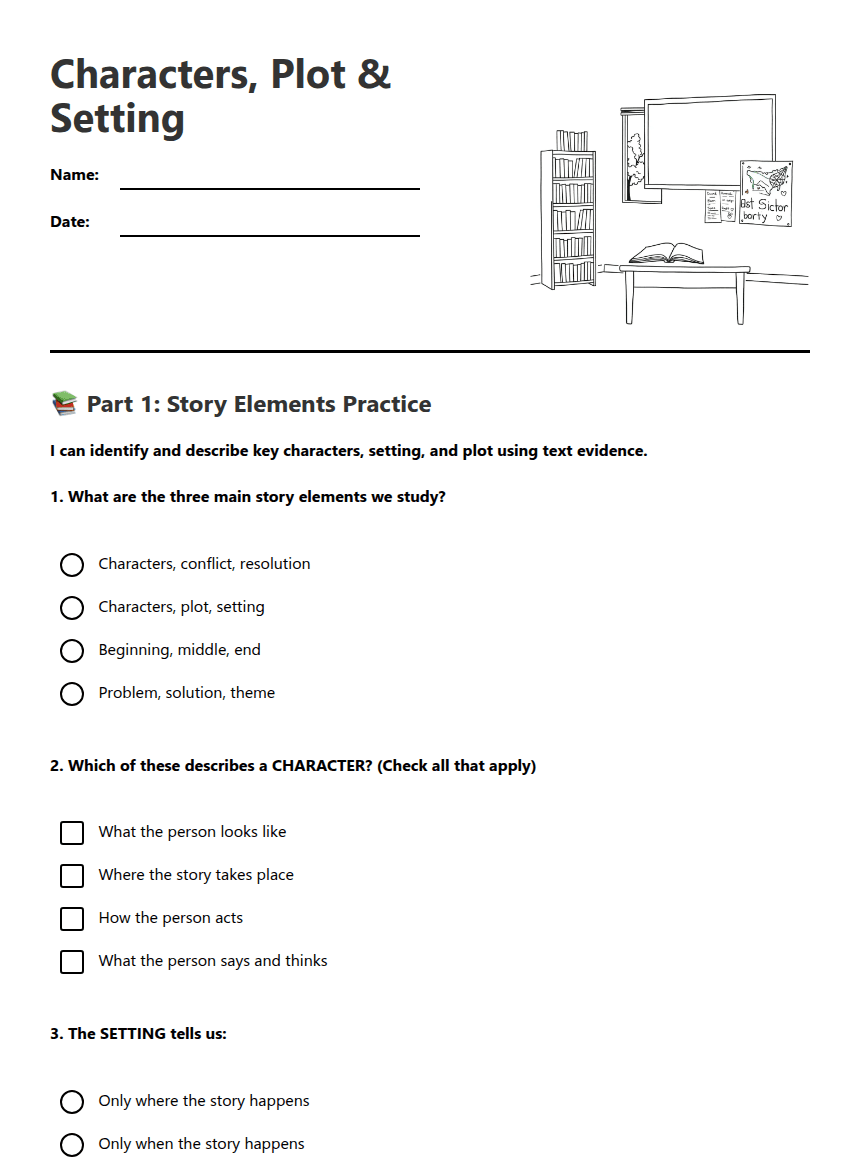 Characters, Plot & Setting worksheet preview