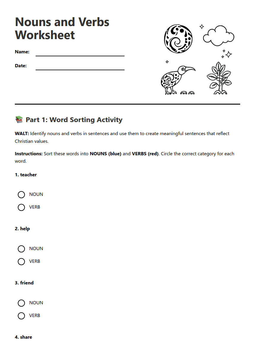 Nouns and Verbs Worksheet worksheet preview