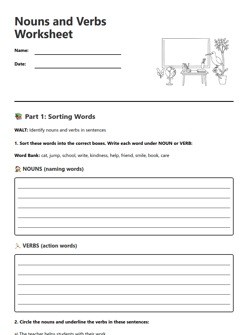 Nouns and Verbs Worksheet worksheet preview