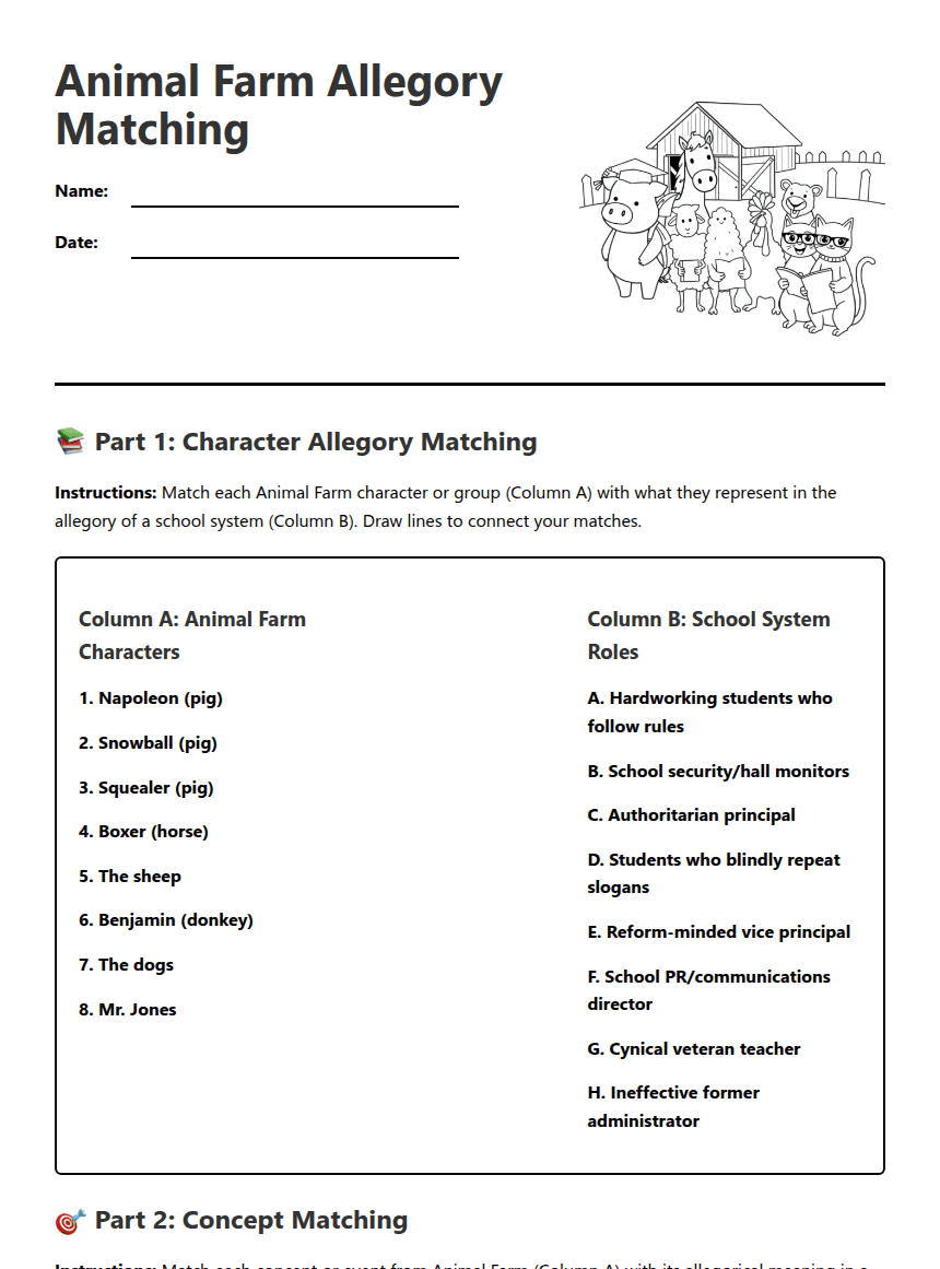 Animal Farm Allegory Matching worksheet preview
