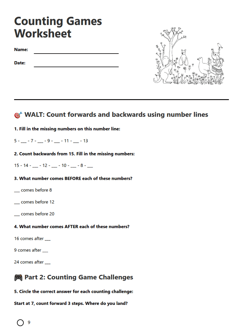 Counting Games Worksheet