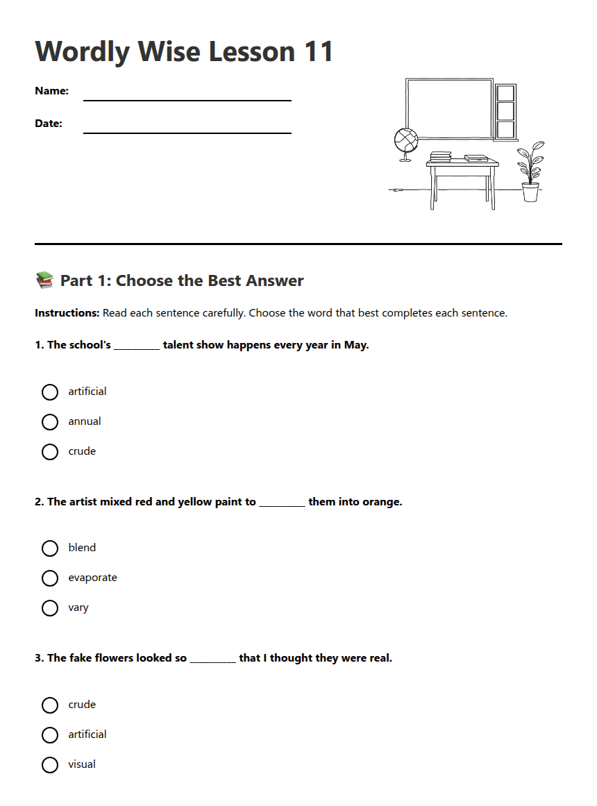 Wordly Wise Lesson 11 worksheet preview