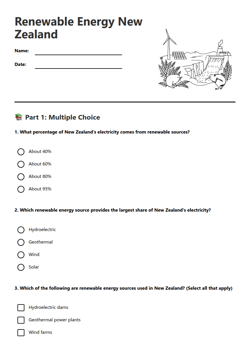Renewable Energy New Zealand worksheet preview