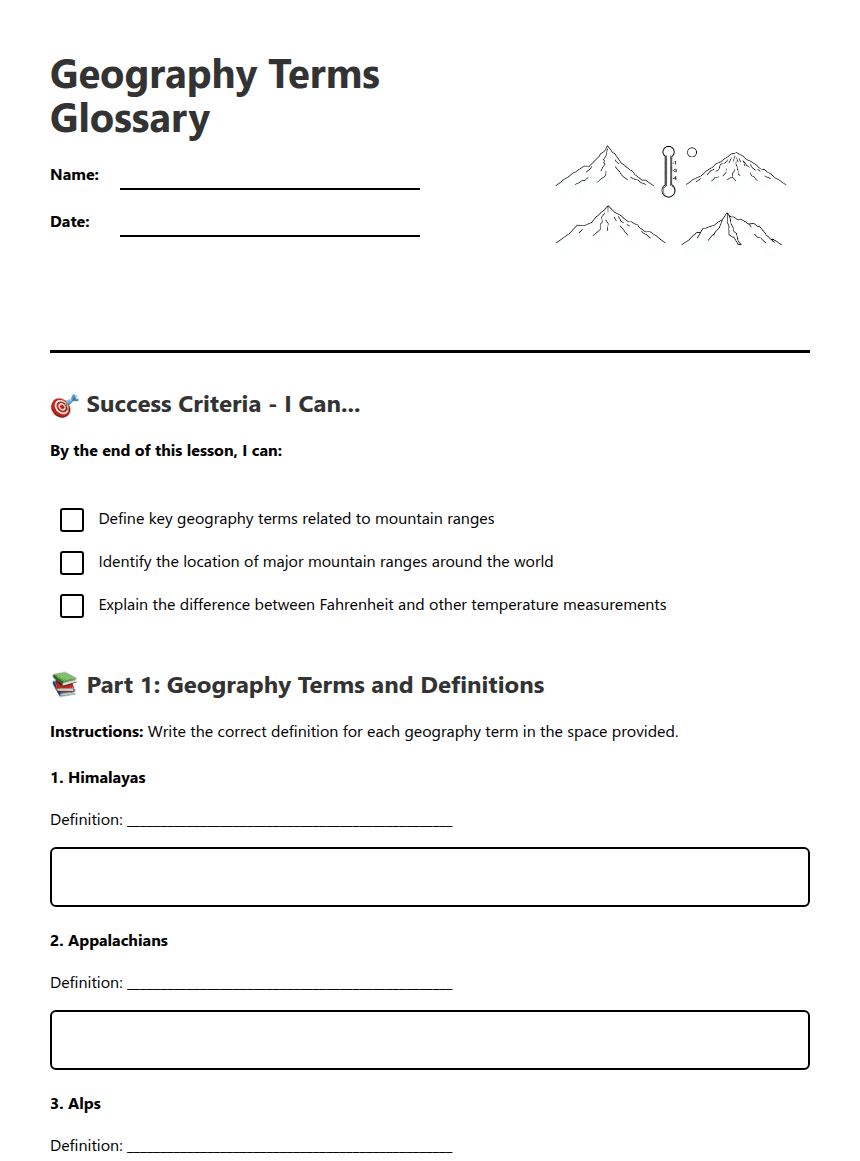 Geography Terms Glossary worksheet preview