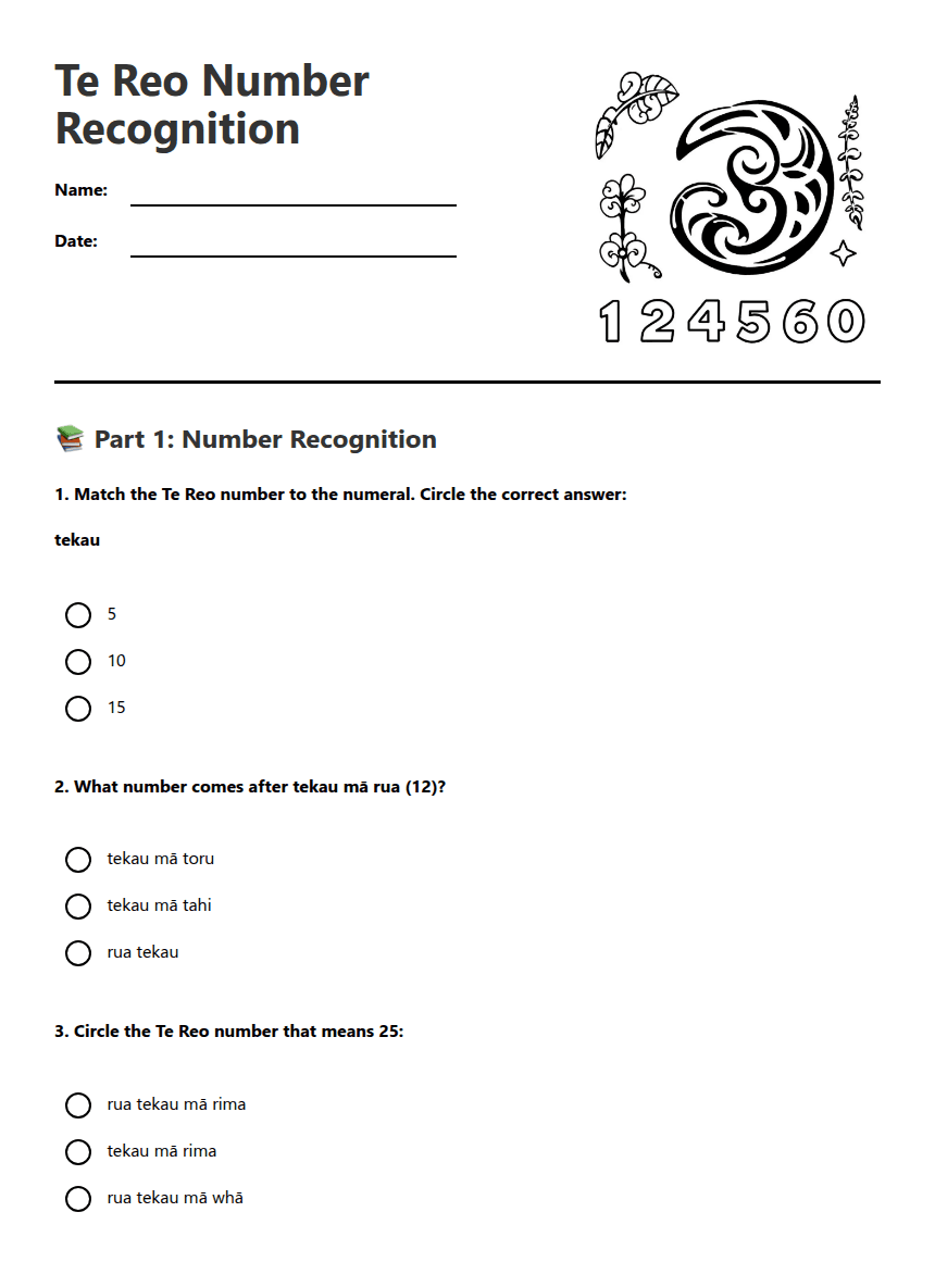 Te Reo Number Recognition worksheet preview