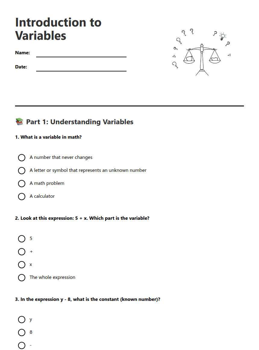 Introduction to Variables worksheet preview