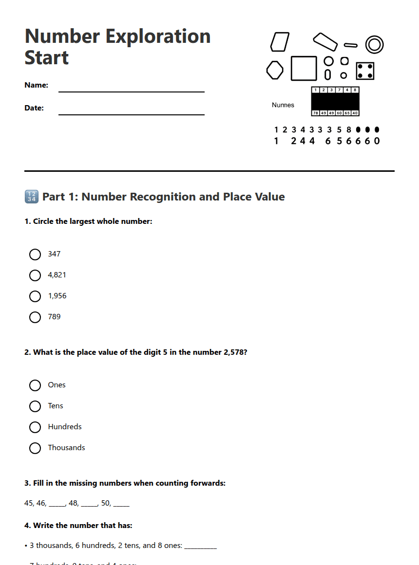 Number Exploration Start worksheet preview