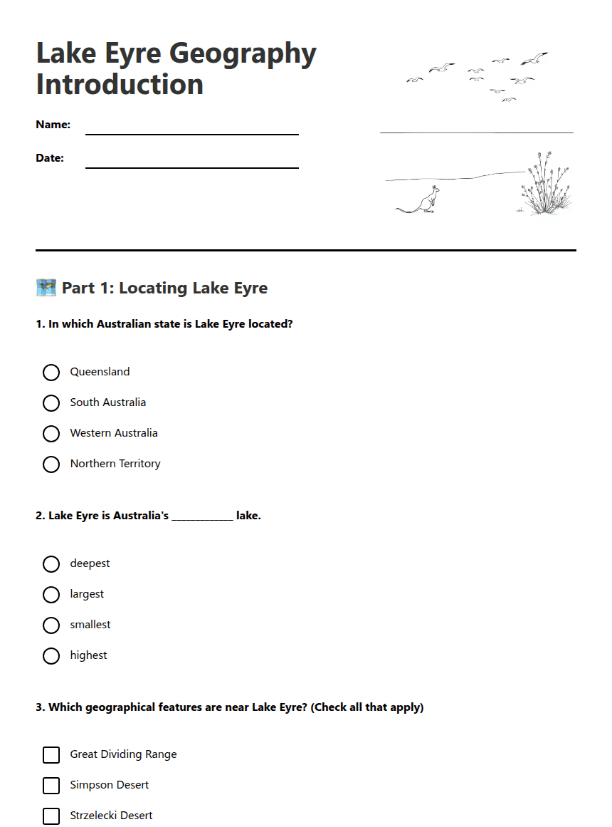 Lake Eyre Geography Introduction worksheet preview
