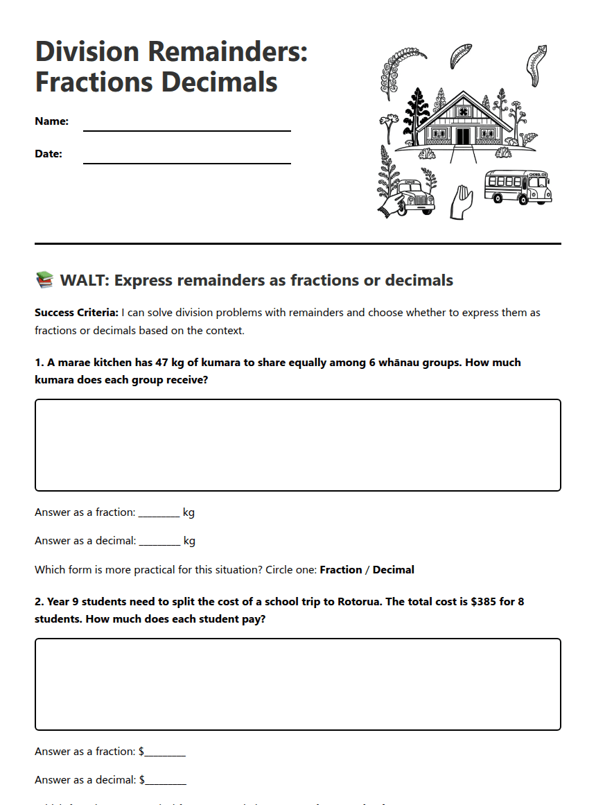 Division Remainders: Fractions Decimals worksheet preview