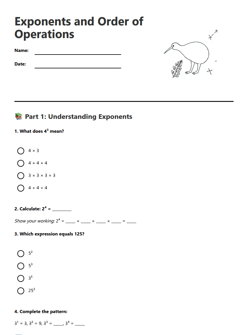 Exponents and Order Operations worksheet preview