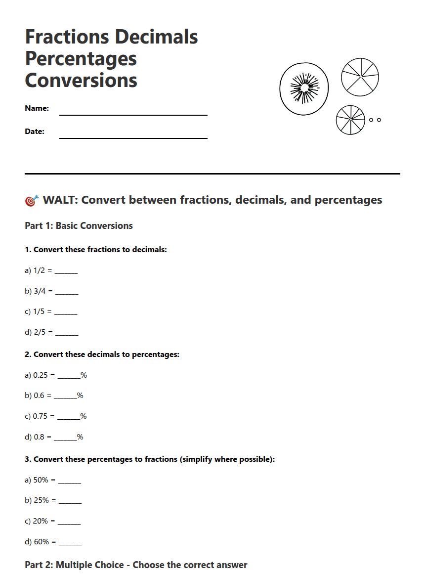 Fractions Decimals Percentages Conversions worksheet preview