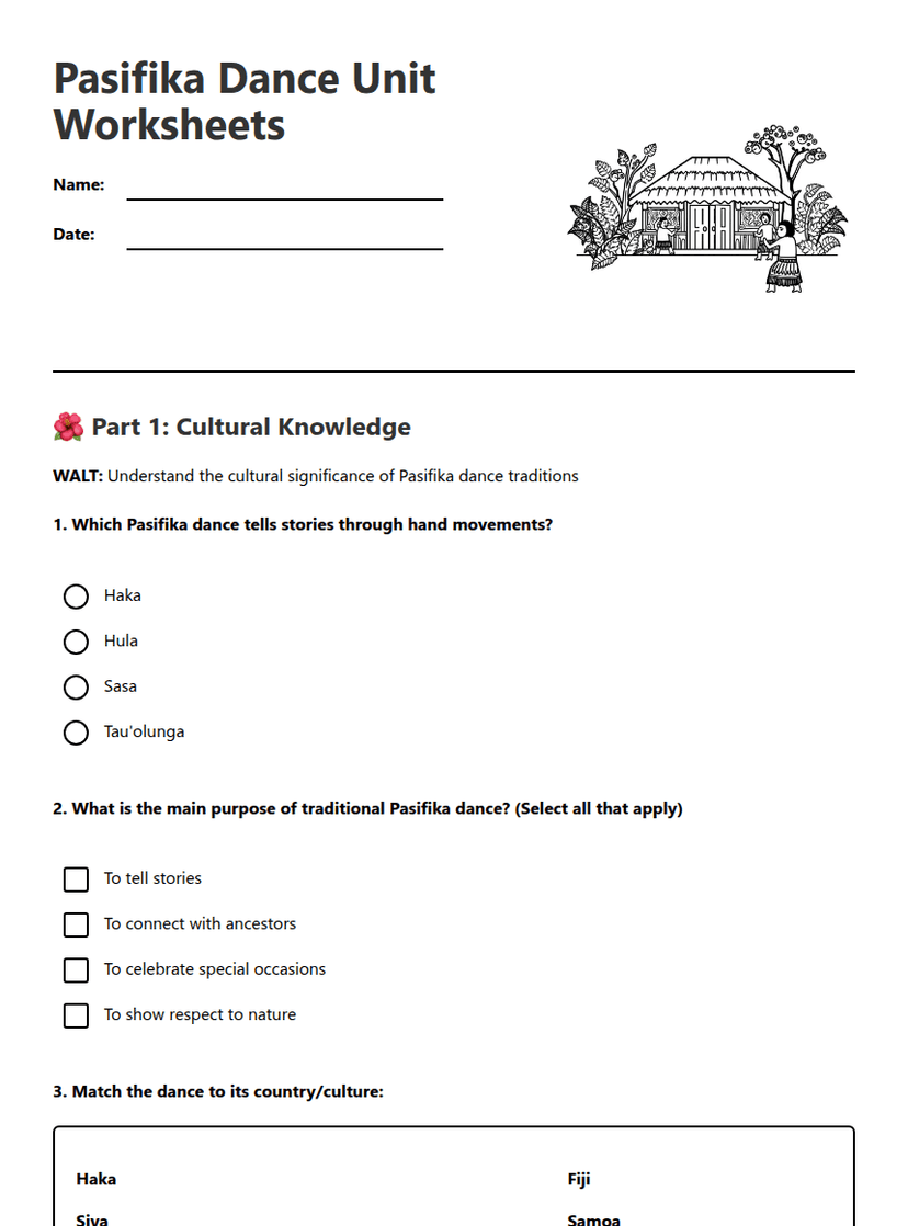Pasifika Dance Unit Worksheets