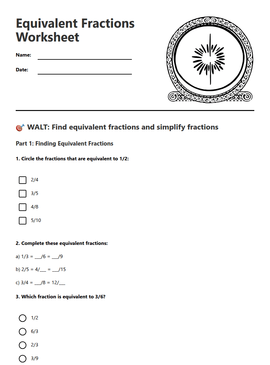 Equivalent Fractions Worksheet worksheet preview