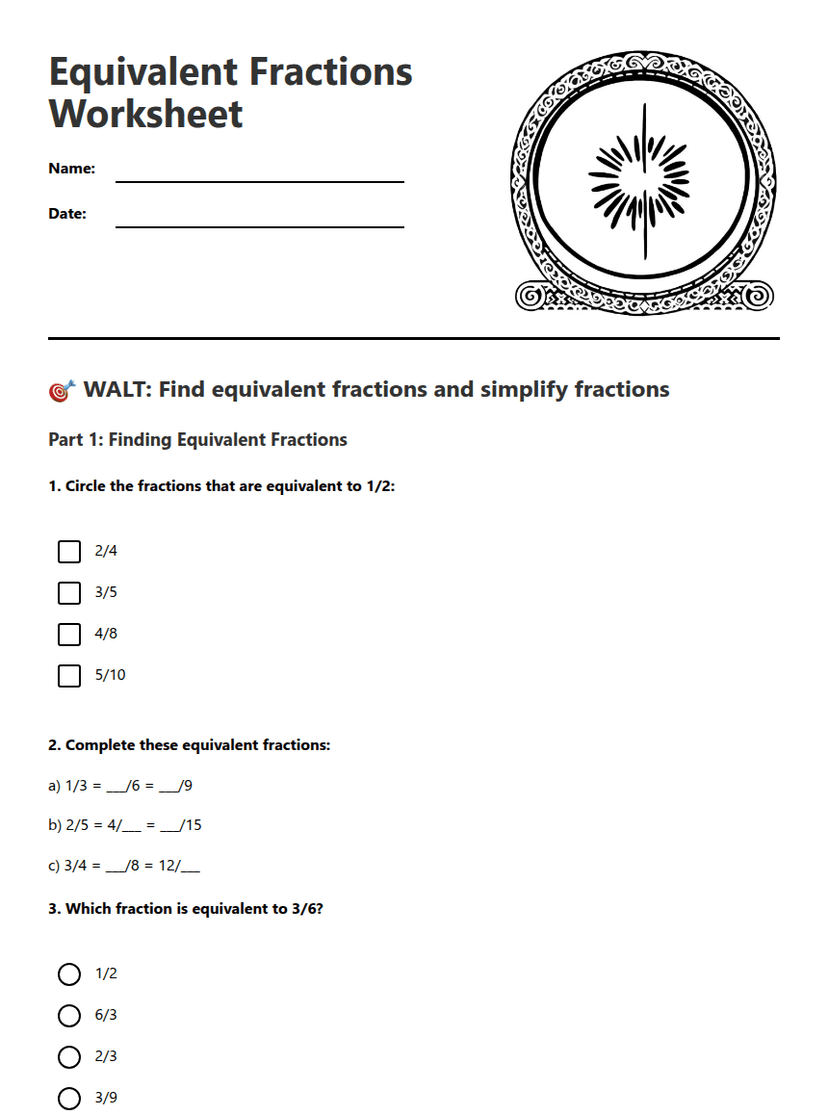 Equivalent Fractions Worksheet