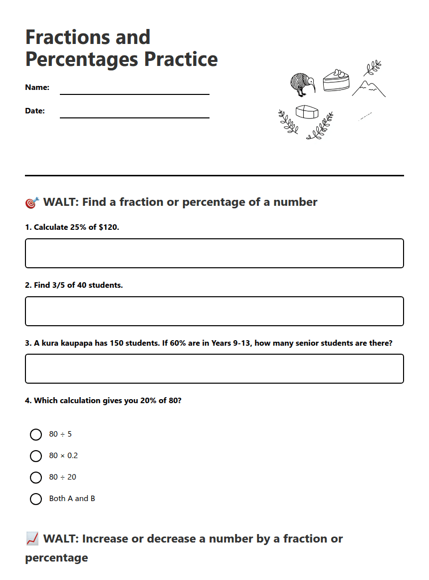 Fractions and Percentages Practice worksheet preview