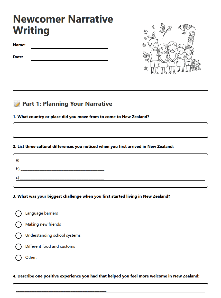 Newcomer Narrative Writing worksheet preview