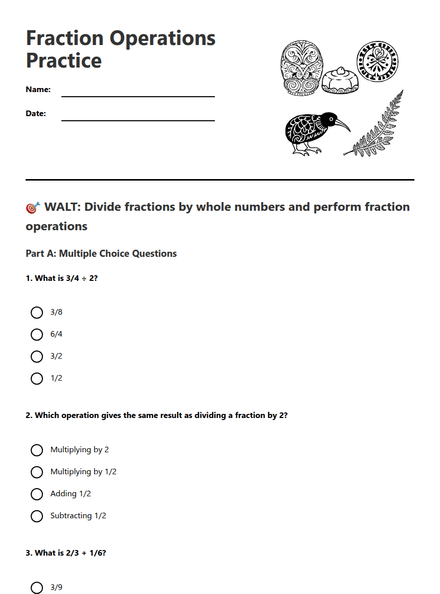 Fraction Operations Practice worksheet preview