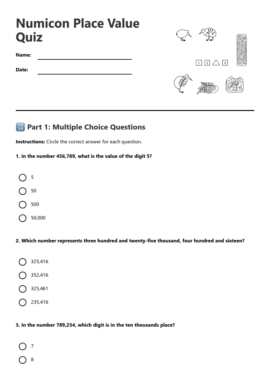 Numicon Place Value Quiz worksheet preview