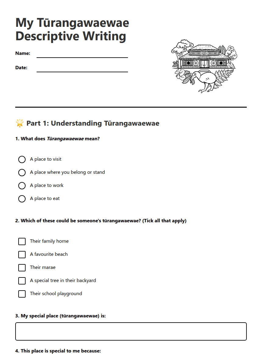 My Tūrangawaewae Descriptive Writing worksheet preview