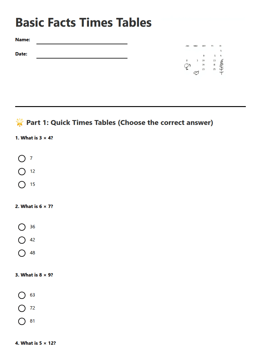 Basic Facts Times Tables worksheet preview