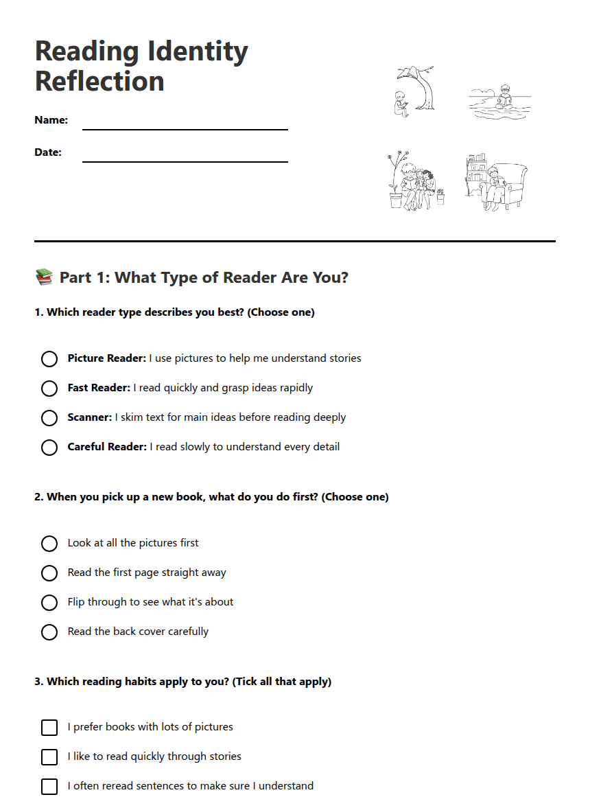 Reading Identity Reflection worksheet preview