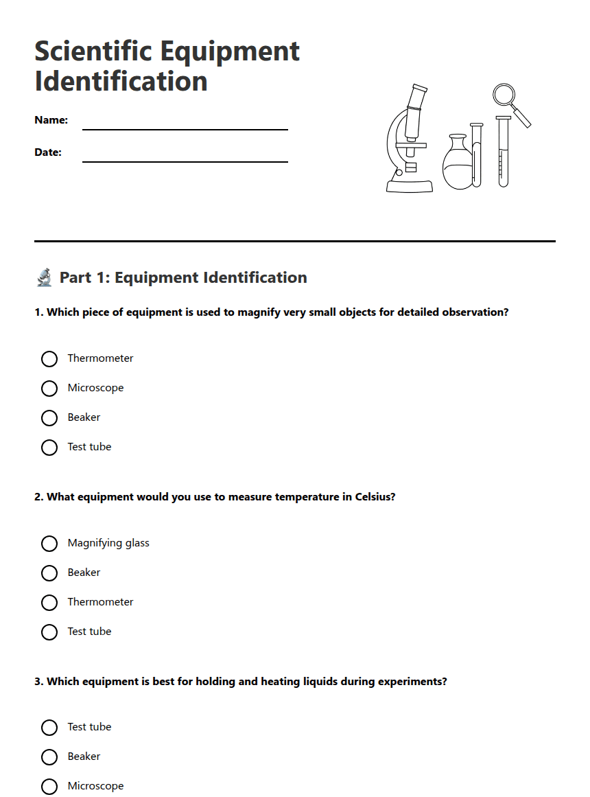 Scientific Equipment Identification worksheet preview