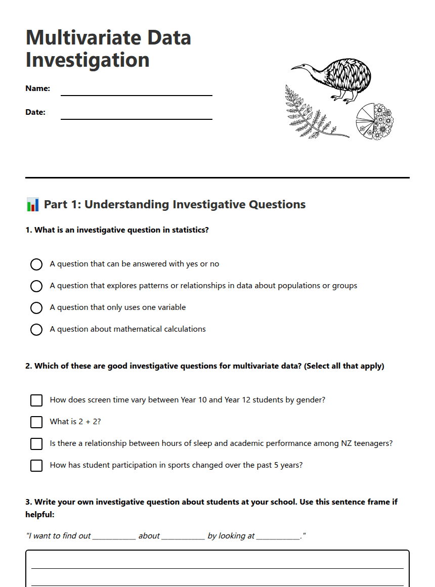 Multivariate Data Investigation worksheet preview