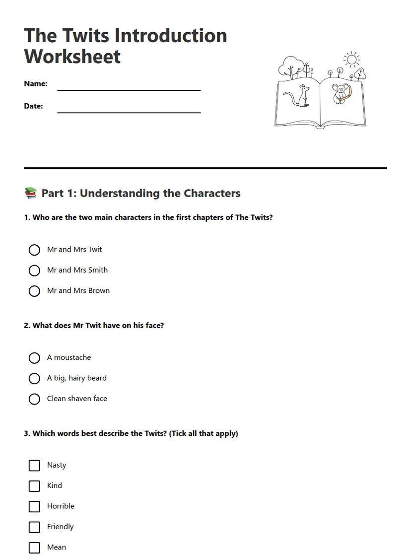 The Twits Introduction Worksheet