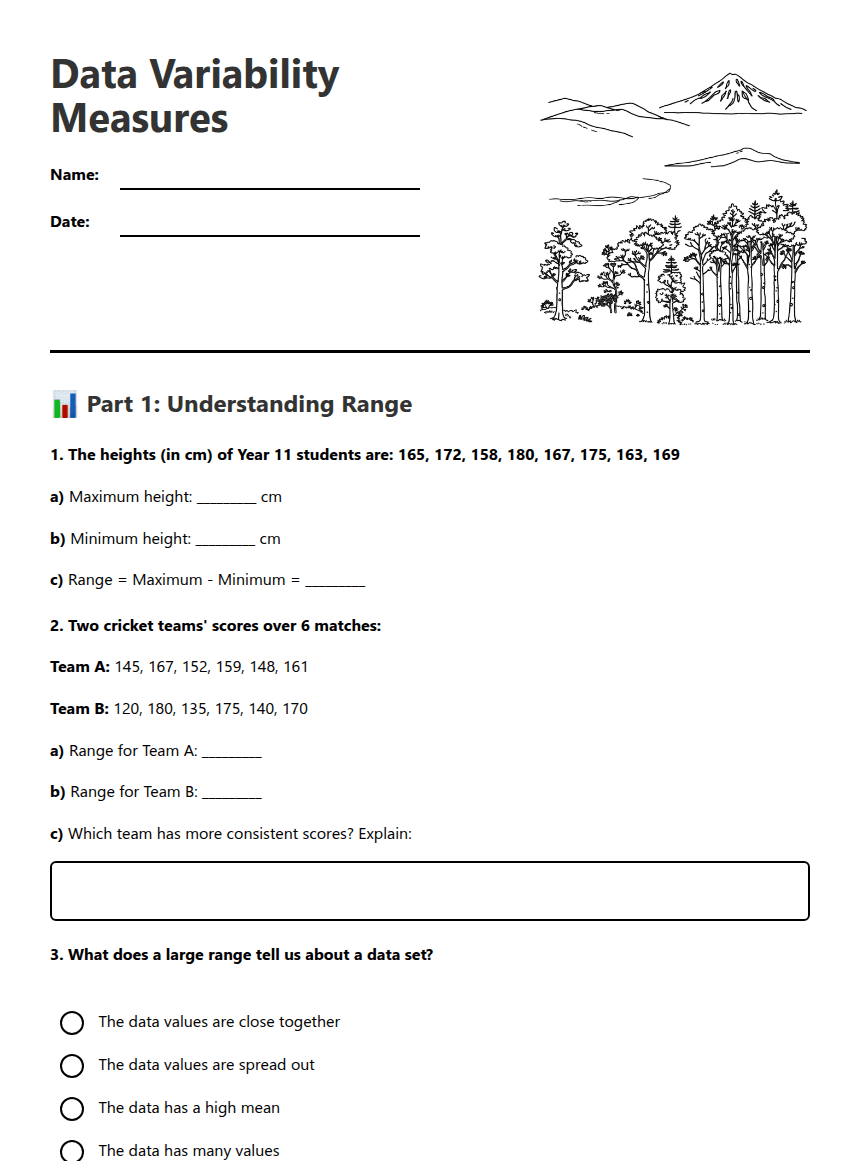 Data Variability Measures worksheet preview