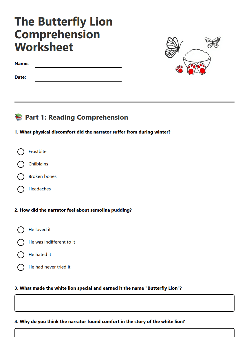 Butterfly Lion Comprehension Worksheet worksheet preview