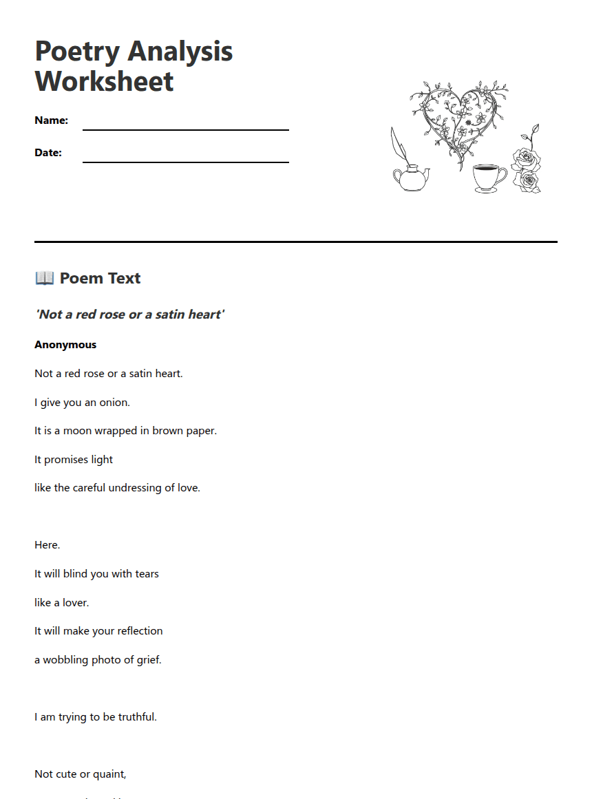 Poetry Analysis Worksheet worksheet preview