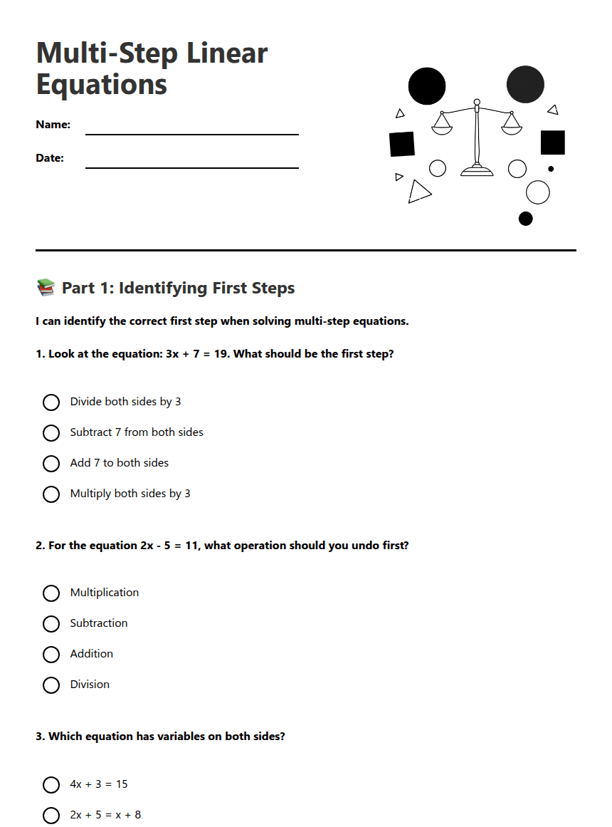 Multi-Step Linear Equations worksheet preview