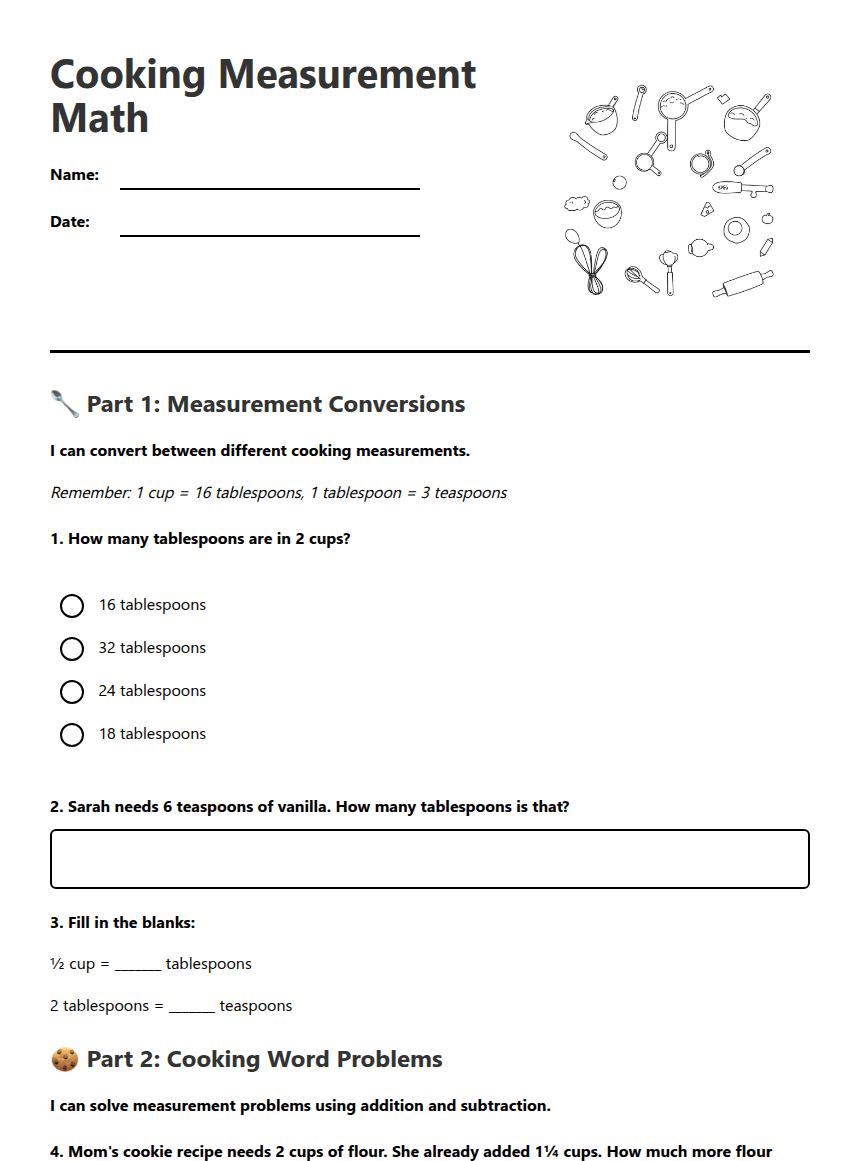 Cooking Measurement Math worksheet preview
